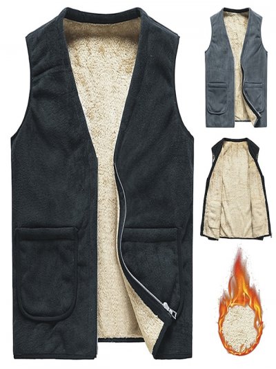 Men's Cashmere Vest Fleece Jacket Winter Wool Vest Male Cotton Padded Vests Warm Waistcoats Outerwear Top Grey 2 L