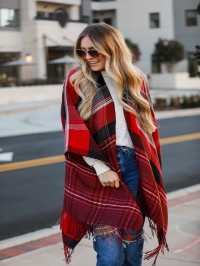 FINAL SALE - Perfect Warmth Red Plaid Fringe Shawl - DOORBUSTER