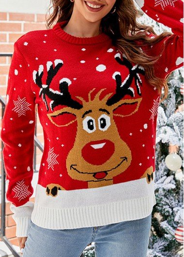Patchwork Elk Print Red Round Neck Long Sleeve Sweater