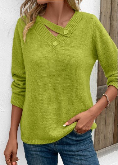 Avocado Green Asymmetrical Neck Long Sleeve Sweater