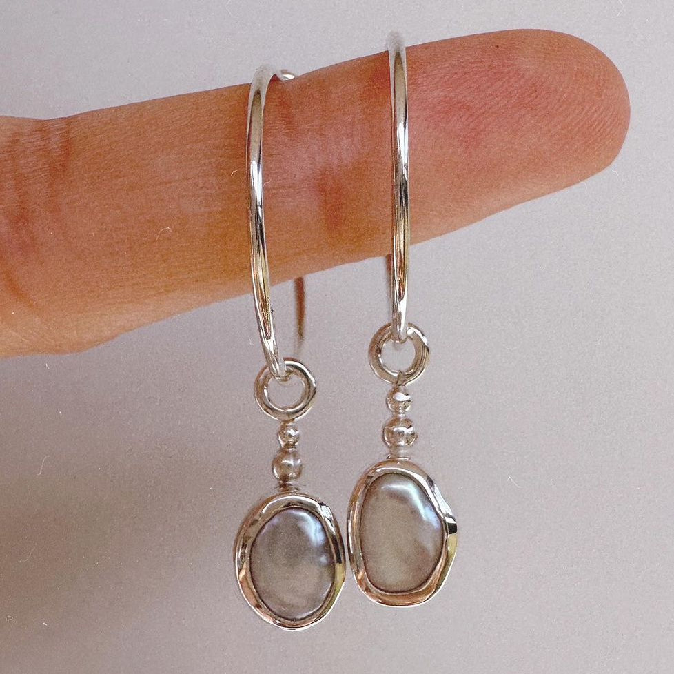 White Pearl Silvered Hoop Earrings