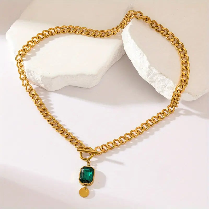Bold Emerald Gold Link Necklace