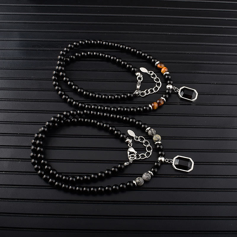 Olivenorma Tiger Eye Obsidian Beaded Men Titanium Steel Necklace