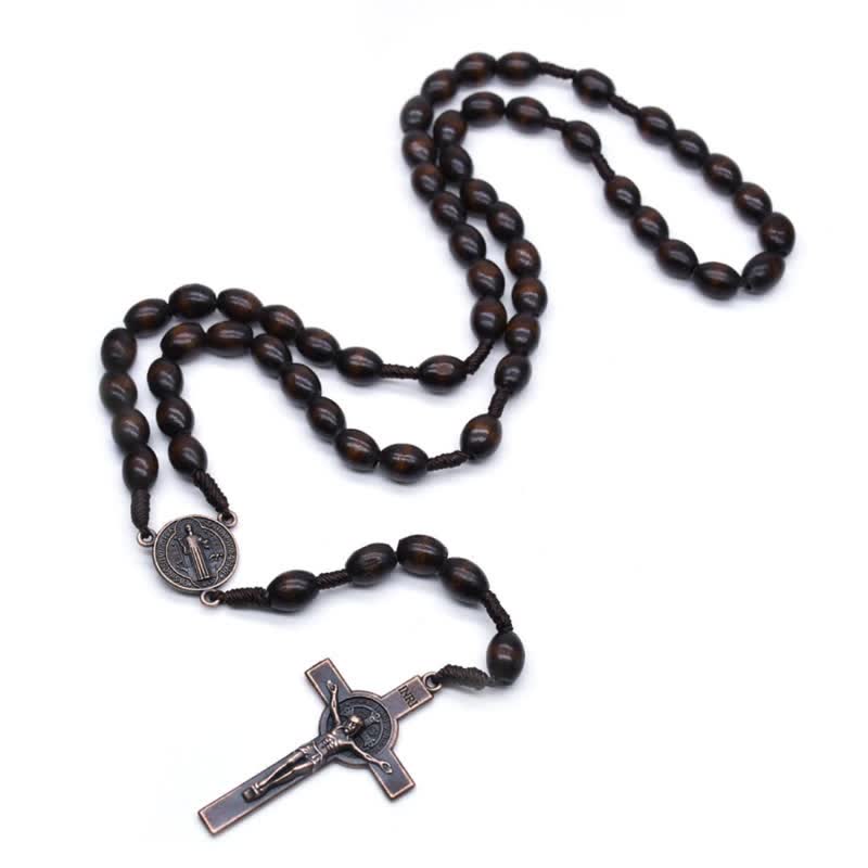 Olivenorma Knitted Vintage Cross Wood Rosary Necklace