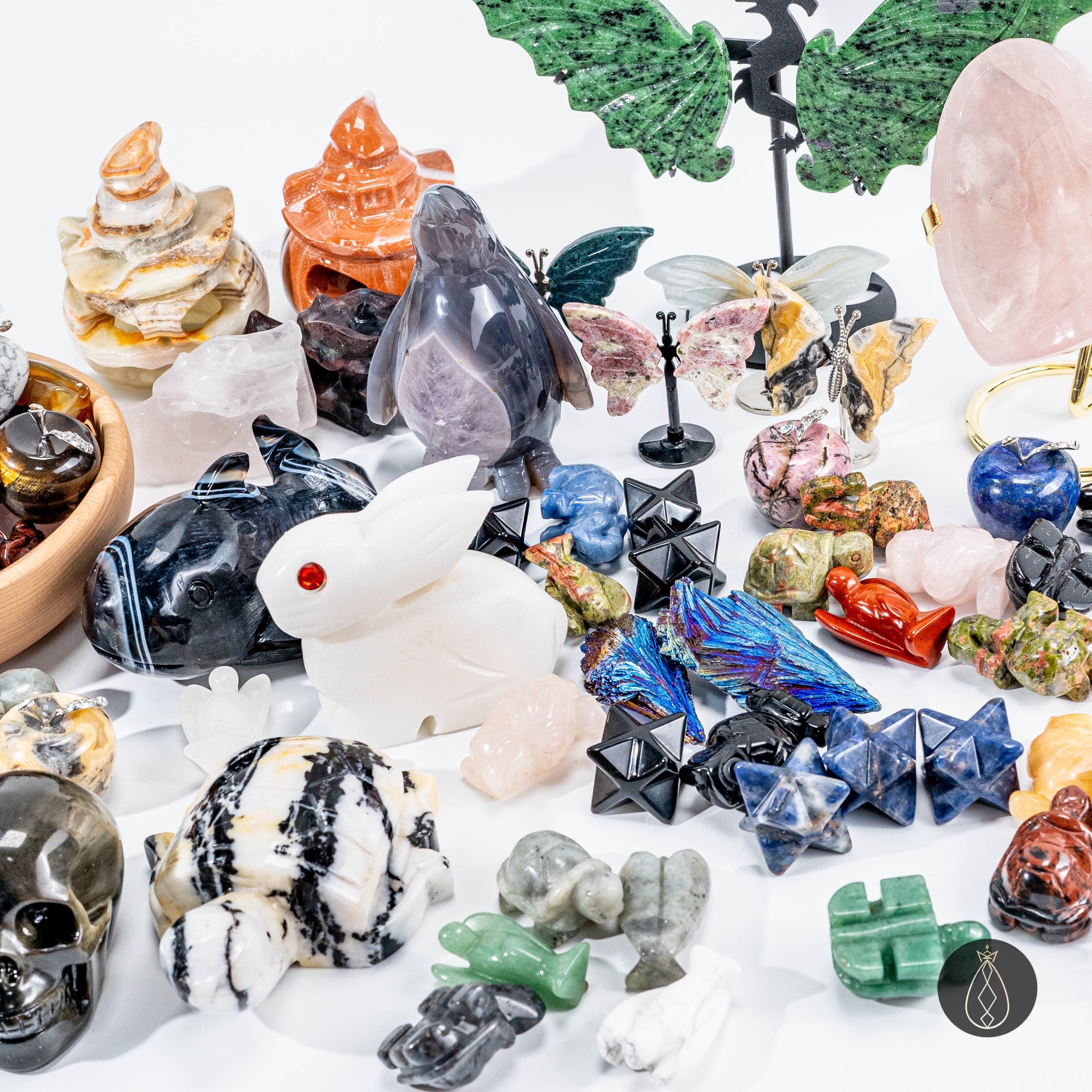 Crystal Stone Carvings Set - Angels, Turtles, Elephants, Owls, etc