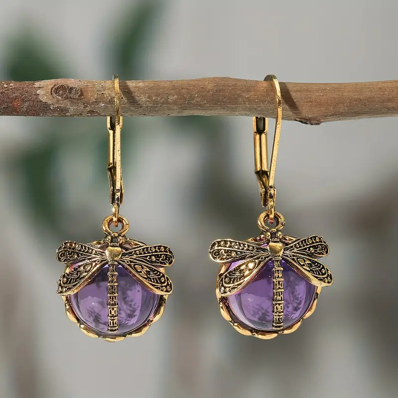 Purple Dragonfly Crystal Gold Earrings