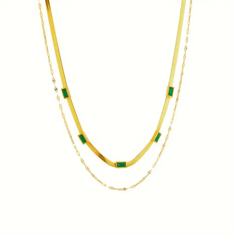 Vintage Gold Double-Layer Emerald Charm Necklace
