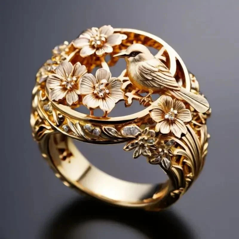 Vintage Peace Dove Branch Leaf Flower Ring
