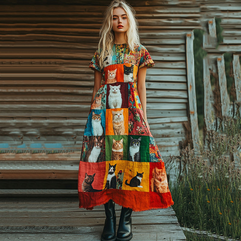 Evangeline - Patchwork Cat Dress