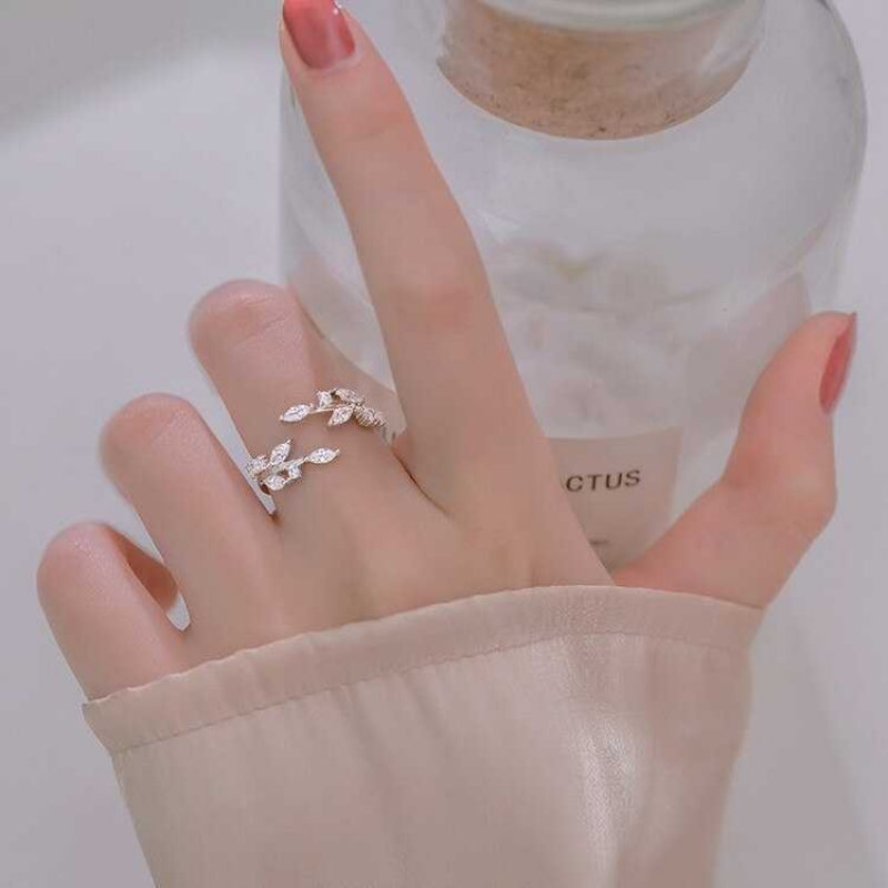 Women's Silver Plated Olive Leaf Zirconia Paved Open Ring