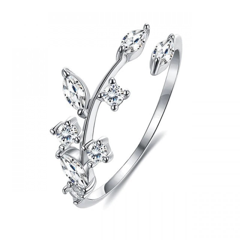 Women's Silver Plated Olive Leaf Zirconia Paved Open Ring
