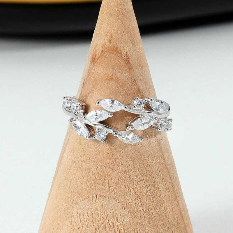 Women's Silver Plated Olive Leaf Zirconia Paved Open Ring