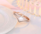 Women's Faux Pearl Wishbone Luck Ring Studded With Cubic Zirconia