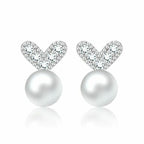 Women's Silver Plated Crystal Heart Shaped Pearl Stud Earrings