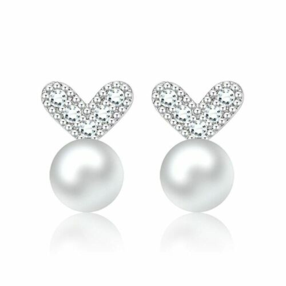 Women's Silver Plated Crystal Heart Shaped Pearl Stud Earrings