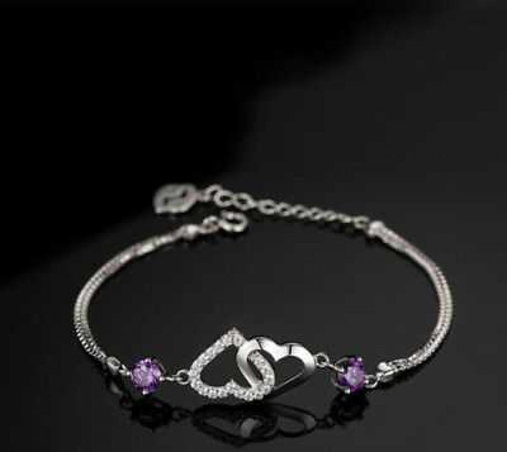Women's Silver Plated Inverted Double Heart Charm Bracelet