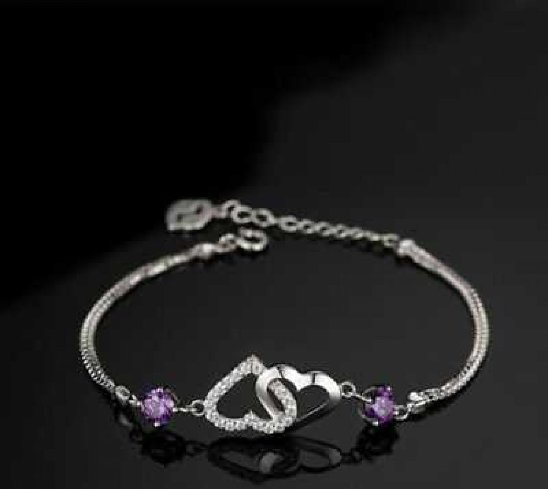 Women's Silver Plated Inverted Double Heart Charm Bracelet