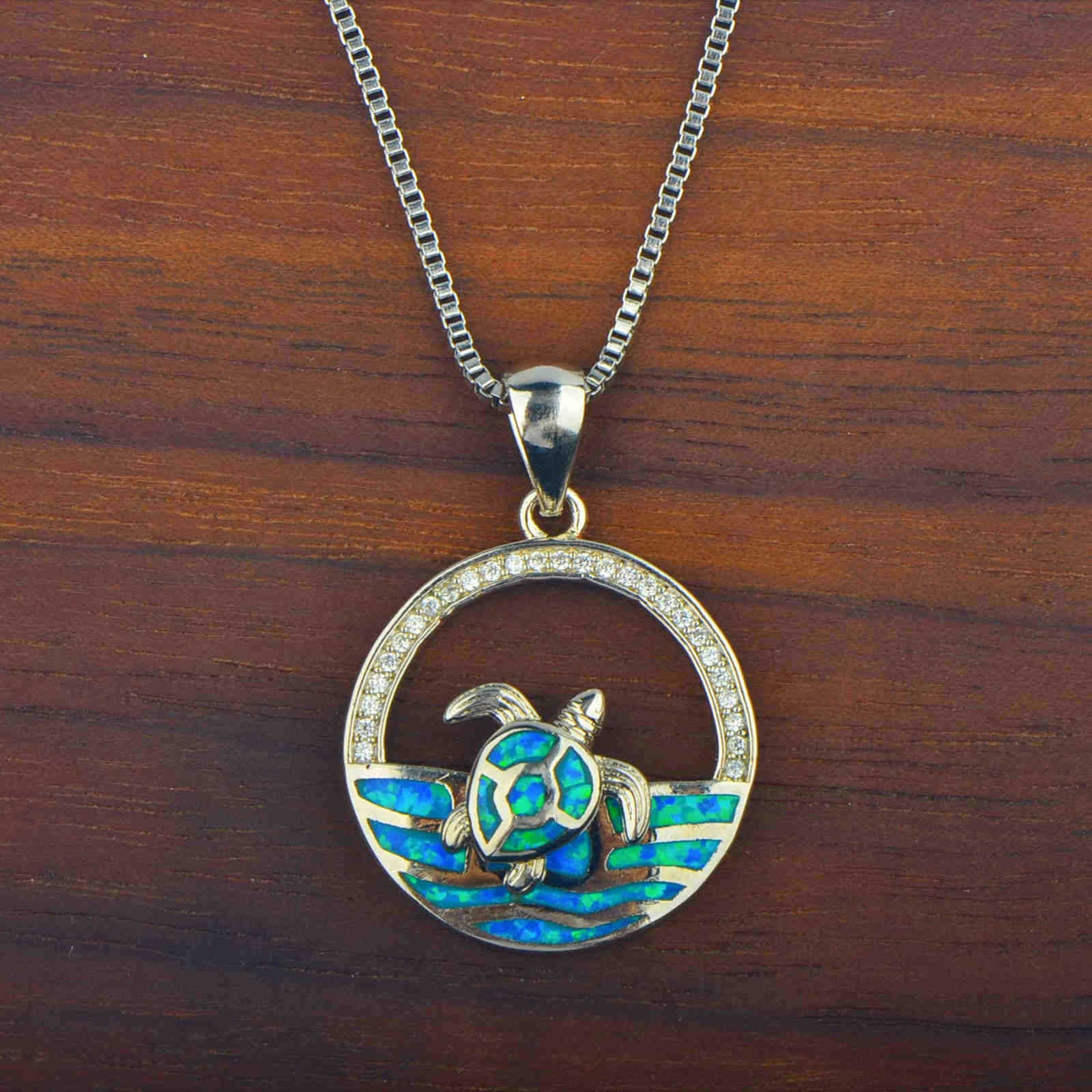 Olivenorma Hawaiian Blue Opal Swimming Turtle Pendant Necklace
