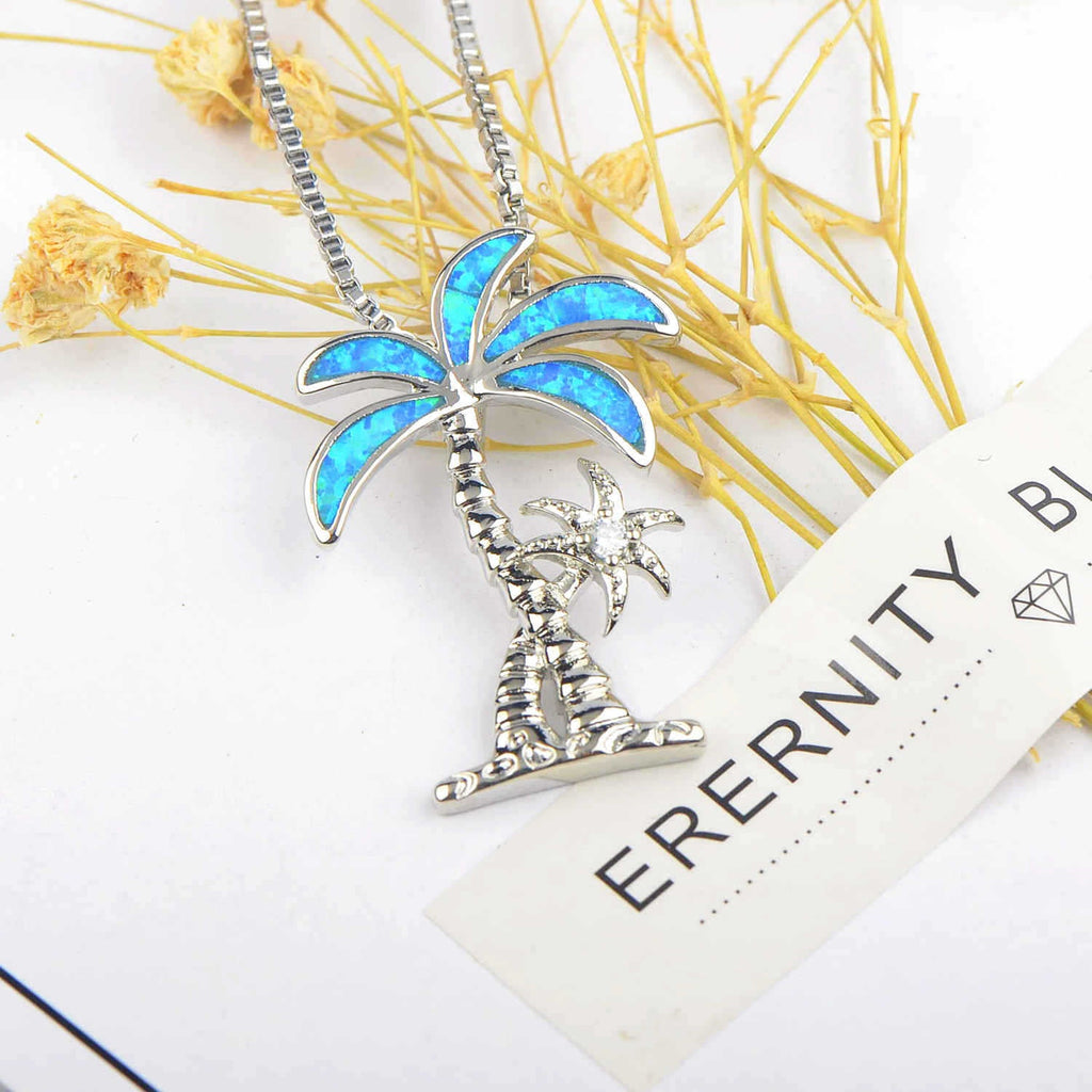 Olivenorma Blue Opal Coconut Tree Pendant Necklace