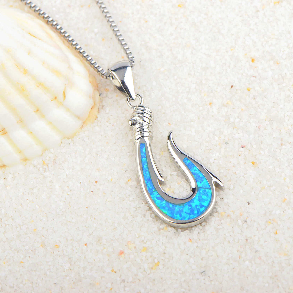 Olivenorma Blue Opal Fishhook Pendant Necklace