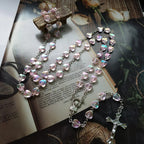 Olivenorma Pink Acrylic Heart Beaded Cross Rosary Necklace