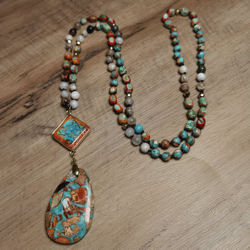Olivenorma Natural Drop Shape Oyster Turquoise Mala Necklace