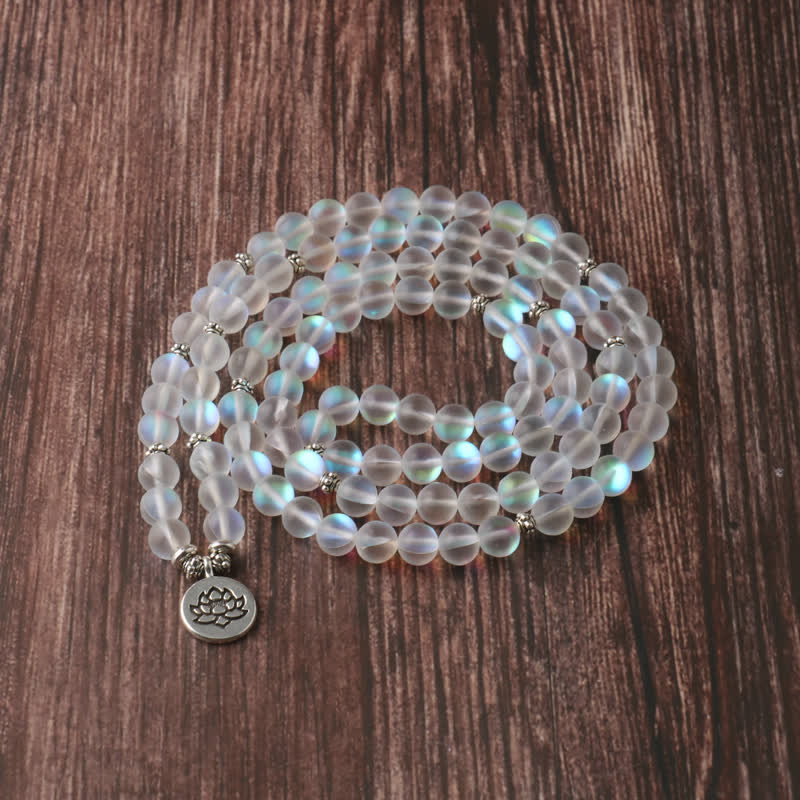 Olivenorma 108 Moonstone Mala Beads Lotus Pendant Necklace