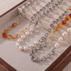 Olivenorma Carnelian Freshwater Pearl Titanium Steel Necklace