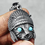 Olivenorma Chief Cat Stainless Steel Blue Turquoise Eye Rock Punk Necklace
