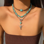 Olivenorma Turquoise Alloy Bull Head Pendant Necklace Set