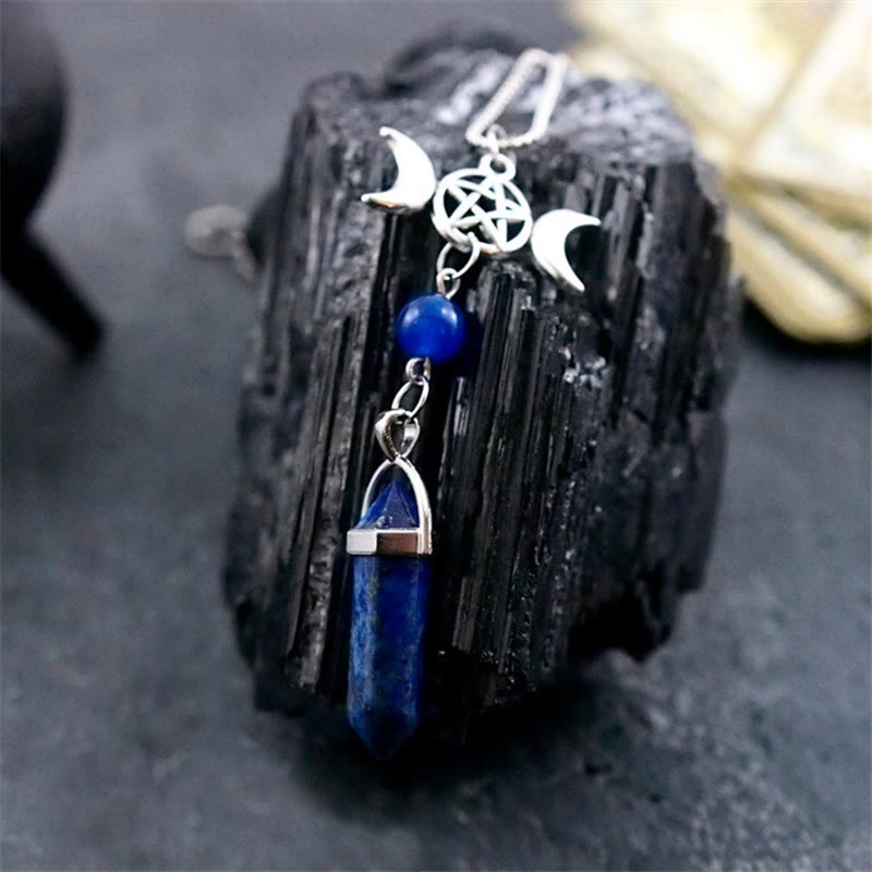 Olivenorma Triple Moon Pentagram Lapis Lazuli Healing Necklace