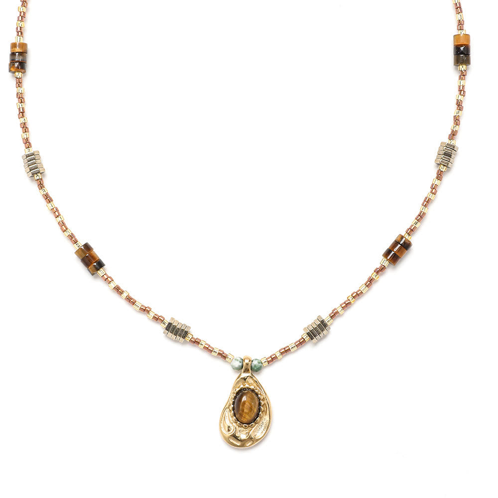Olivenorma Natural Tiger Eye Stone Charm Beaded Necklace