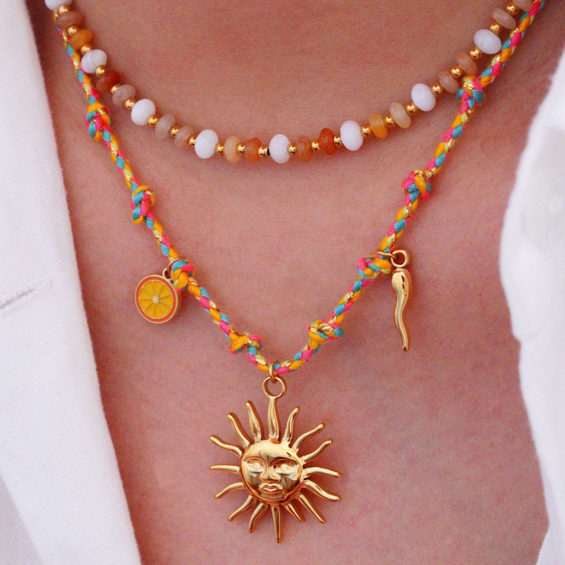 Olivenorma Colorful Braided Rope Natural Stone Pendant Necklace