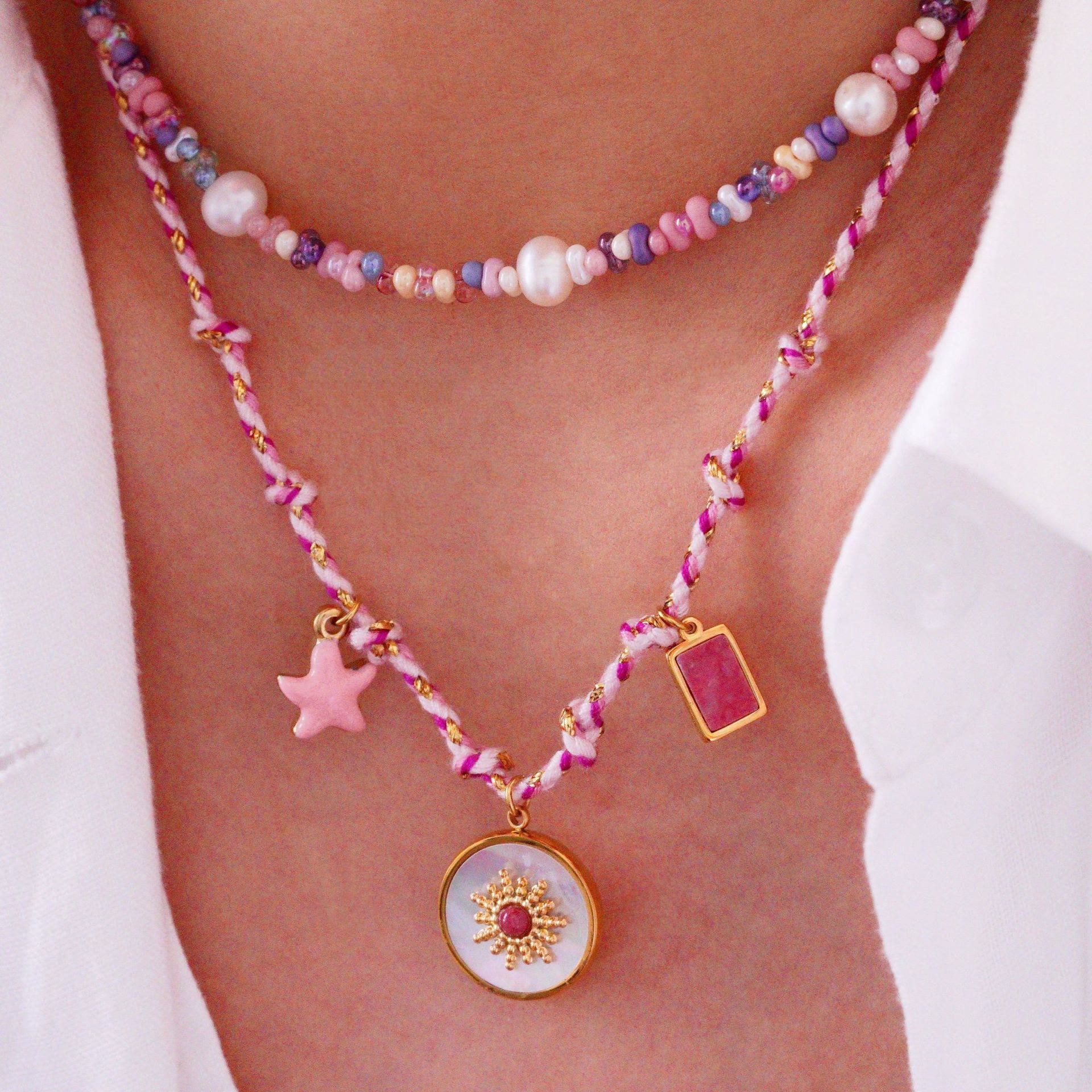 Olivenorma Colorful Braided Rope Natural Stone Pendant Necklace