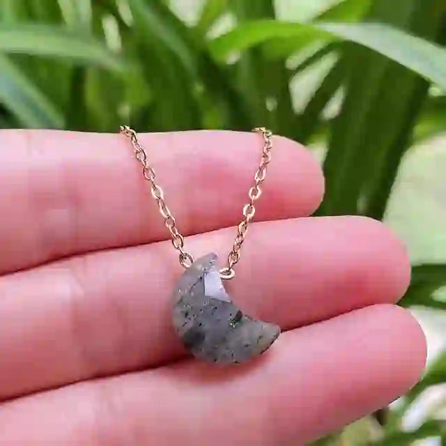 Olivenorma Natural Crystal Moon Cut Stainless Steel Necklace