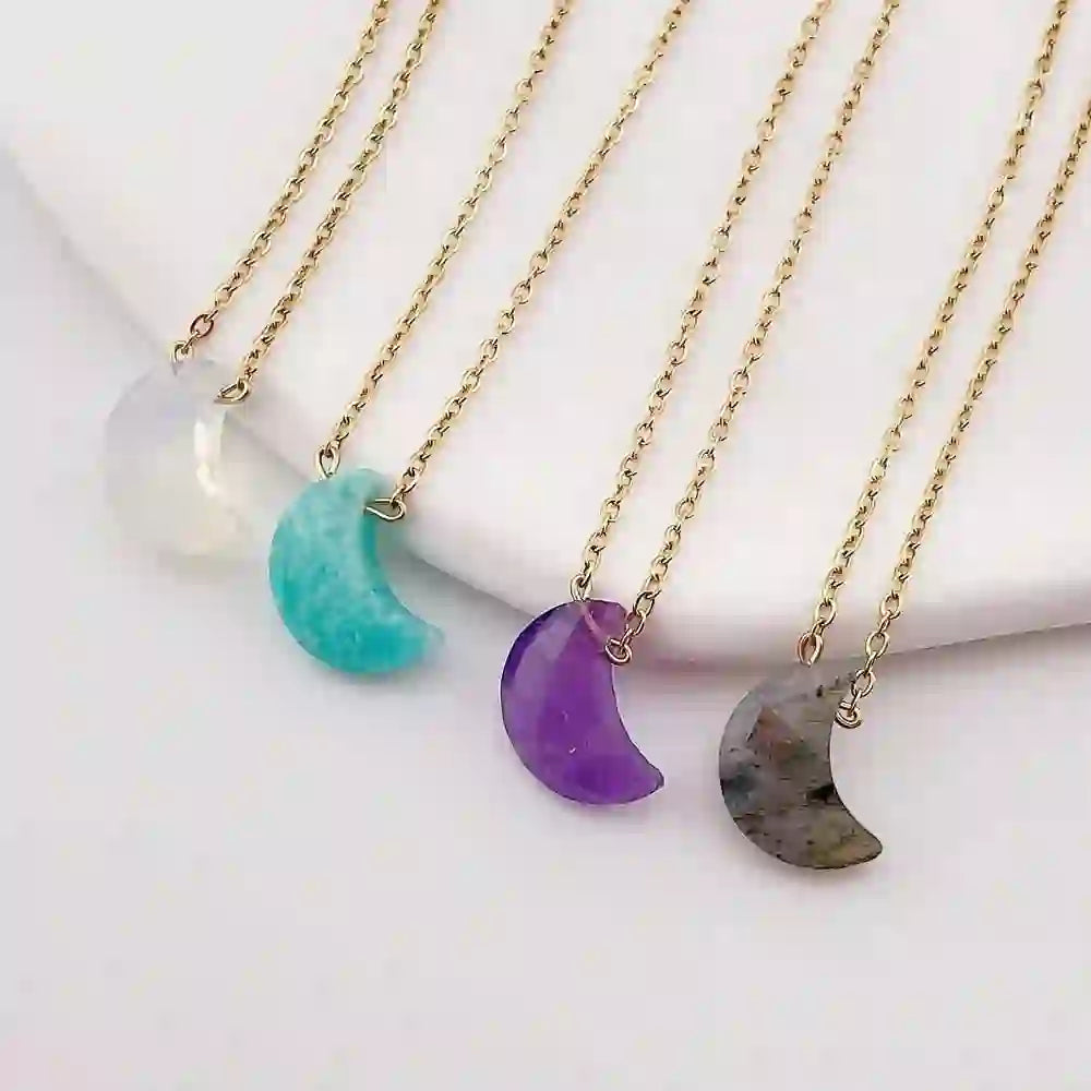 Olivenorma Natural Crystal Moon Cut Stainless Steel Necklace
