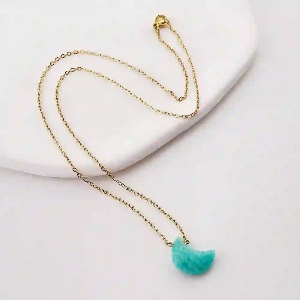 Olivenorma Natural Crystal Moon Cut Stainless Steel Necklace