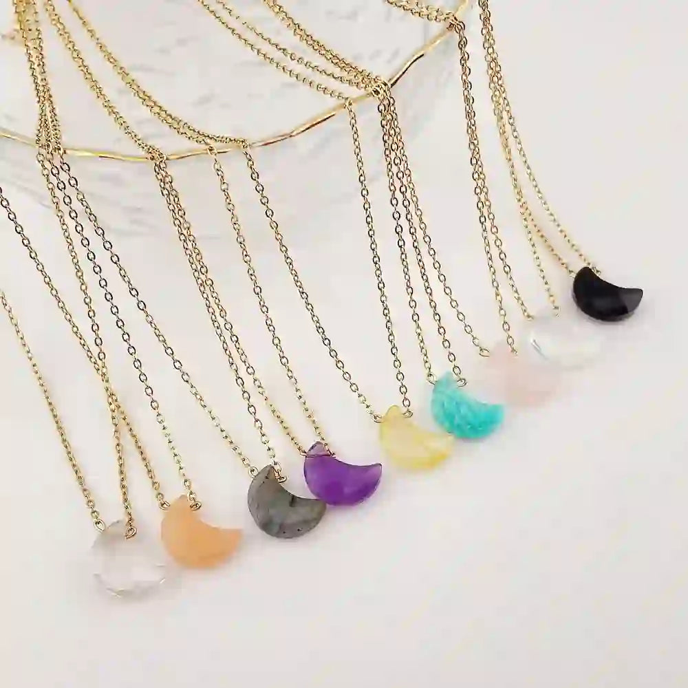 Olivenorma Natural Crystal Moon Cut Stainless Steel Necklace