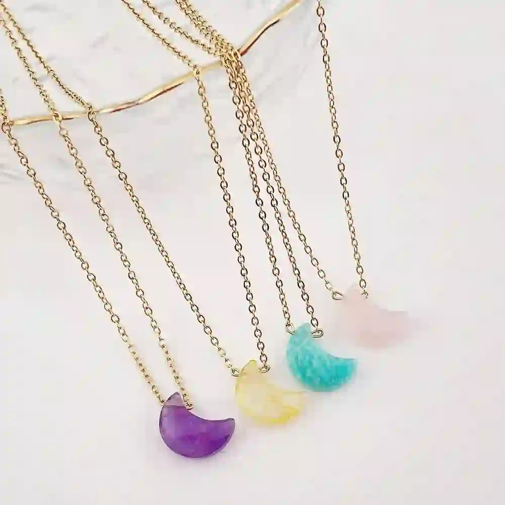 Olivenorma Natural Crystal Moon Cut Stainless Steel Necklace