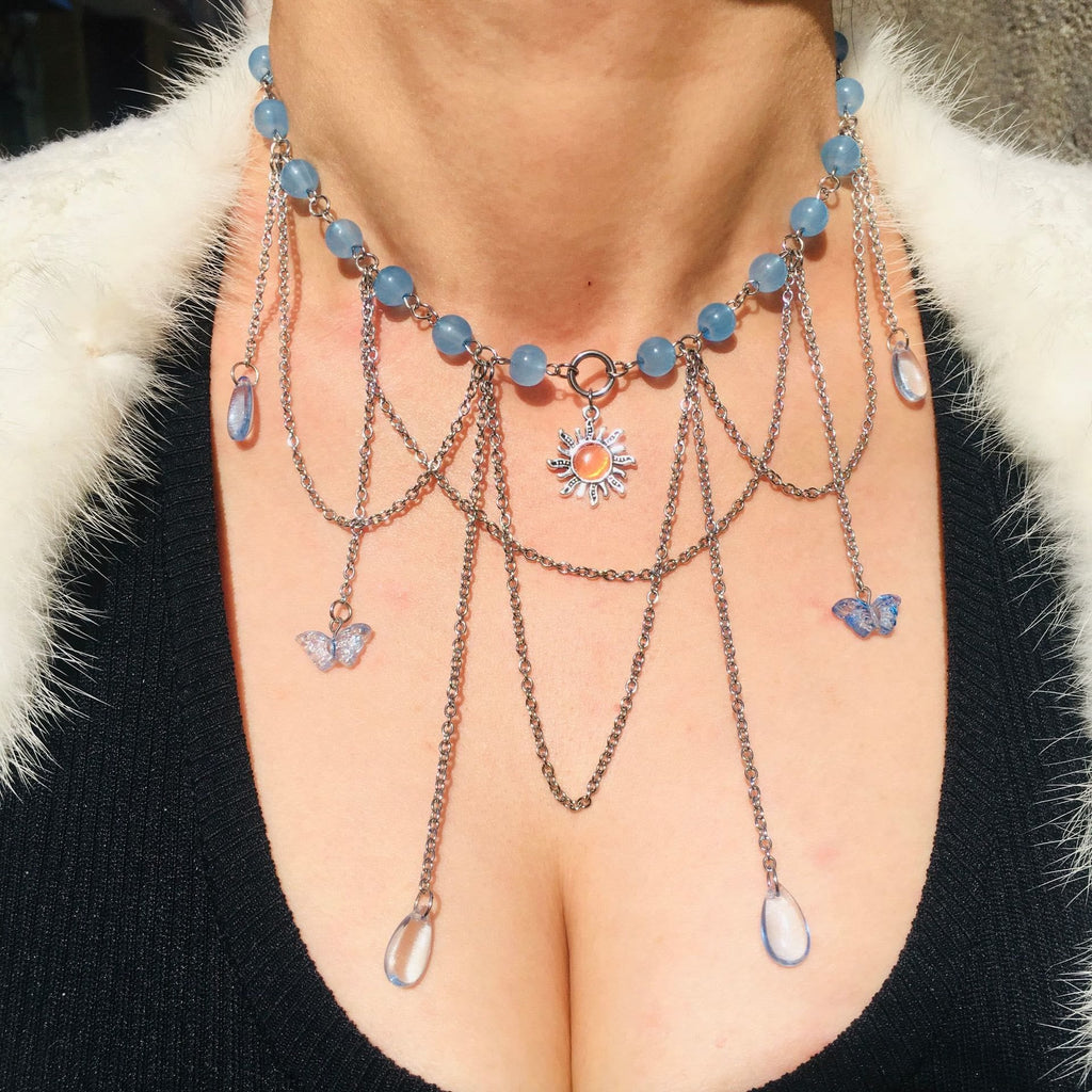 Olivenorma Sun Butterfly Aquamarine Layered Choker Necklace