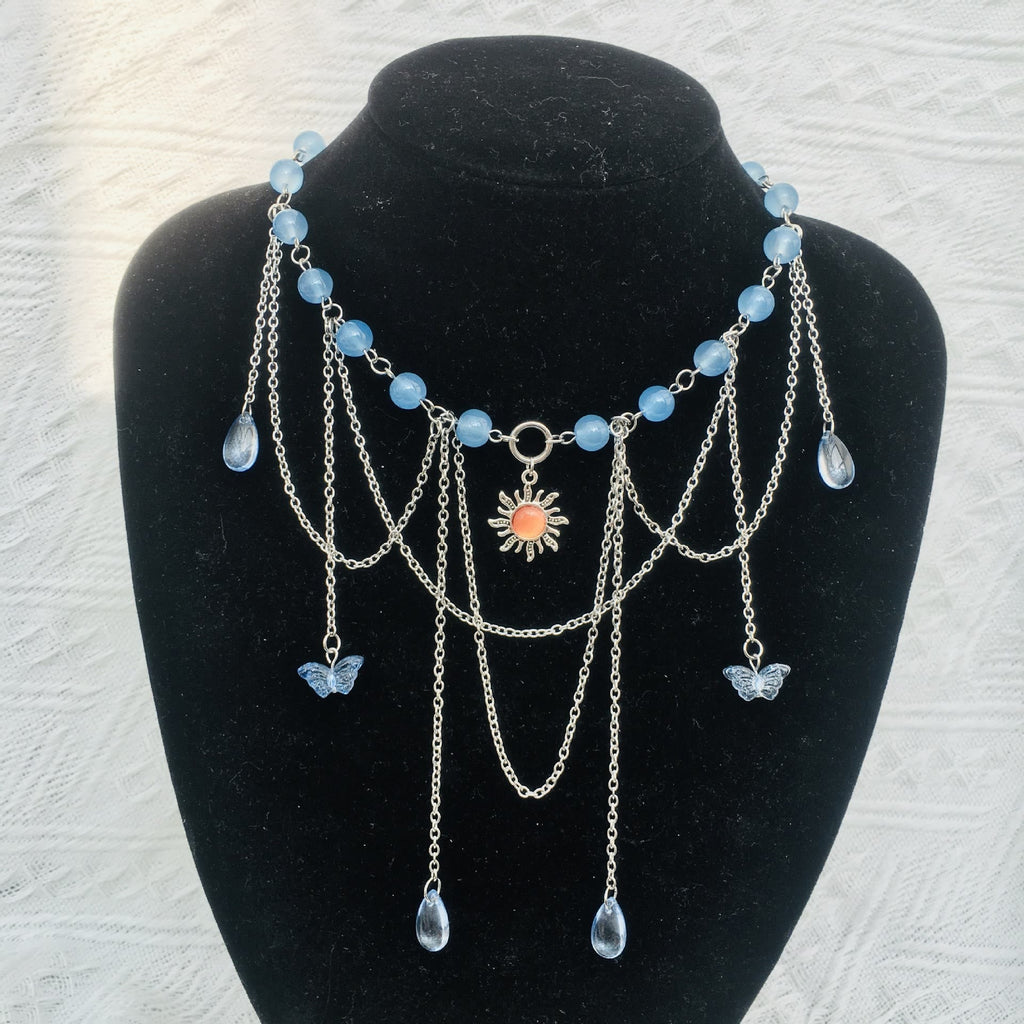 Olivenorma Sun Butterfly Aquamarine Layered Choker Necklace