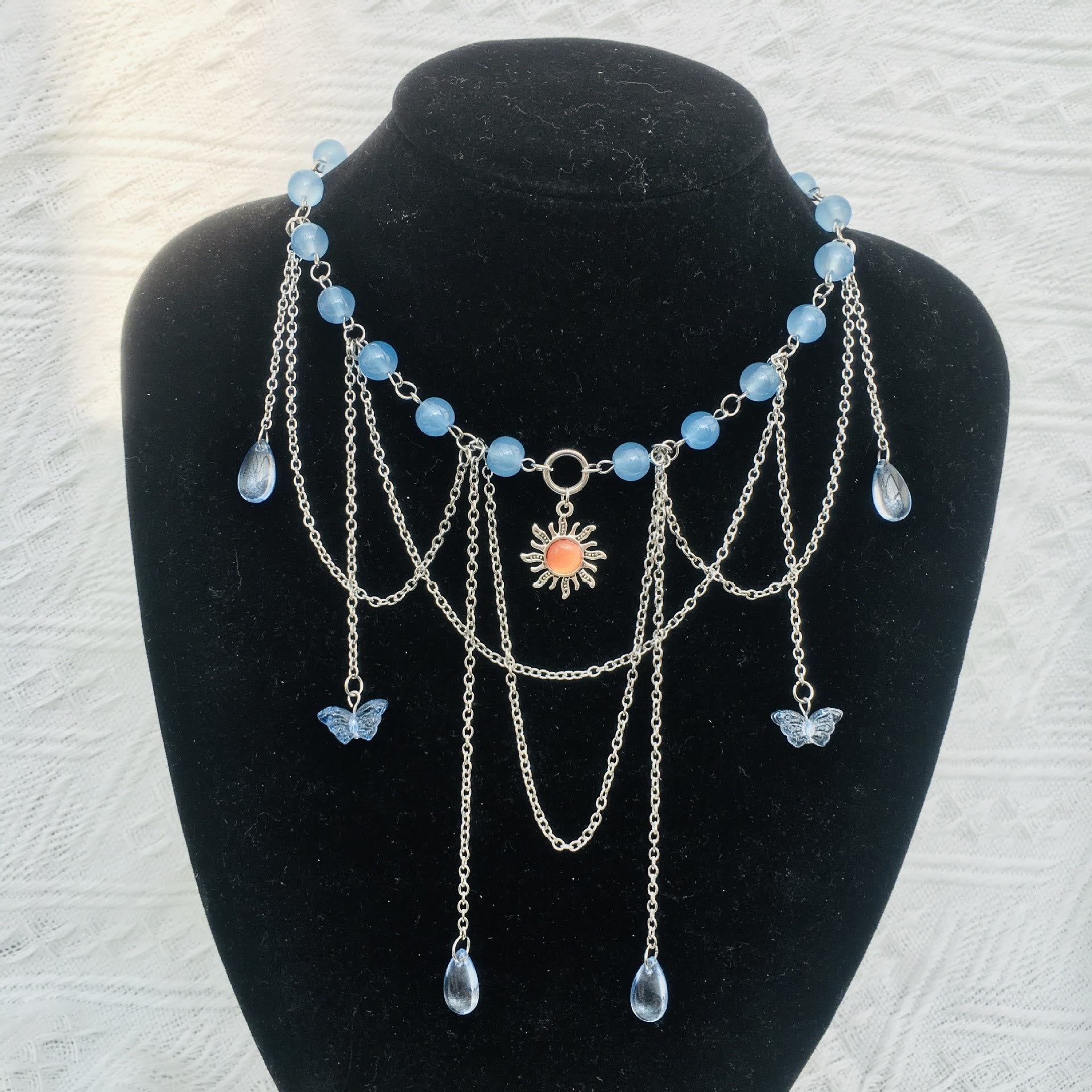 Olivenorma Sun Butterfly Aquamarine Layered Choker Necklace