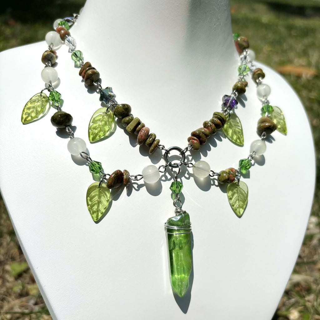 Olivenorma Leaf Clear Crystal Unakite Layered Choker Necklace