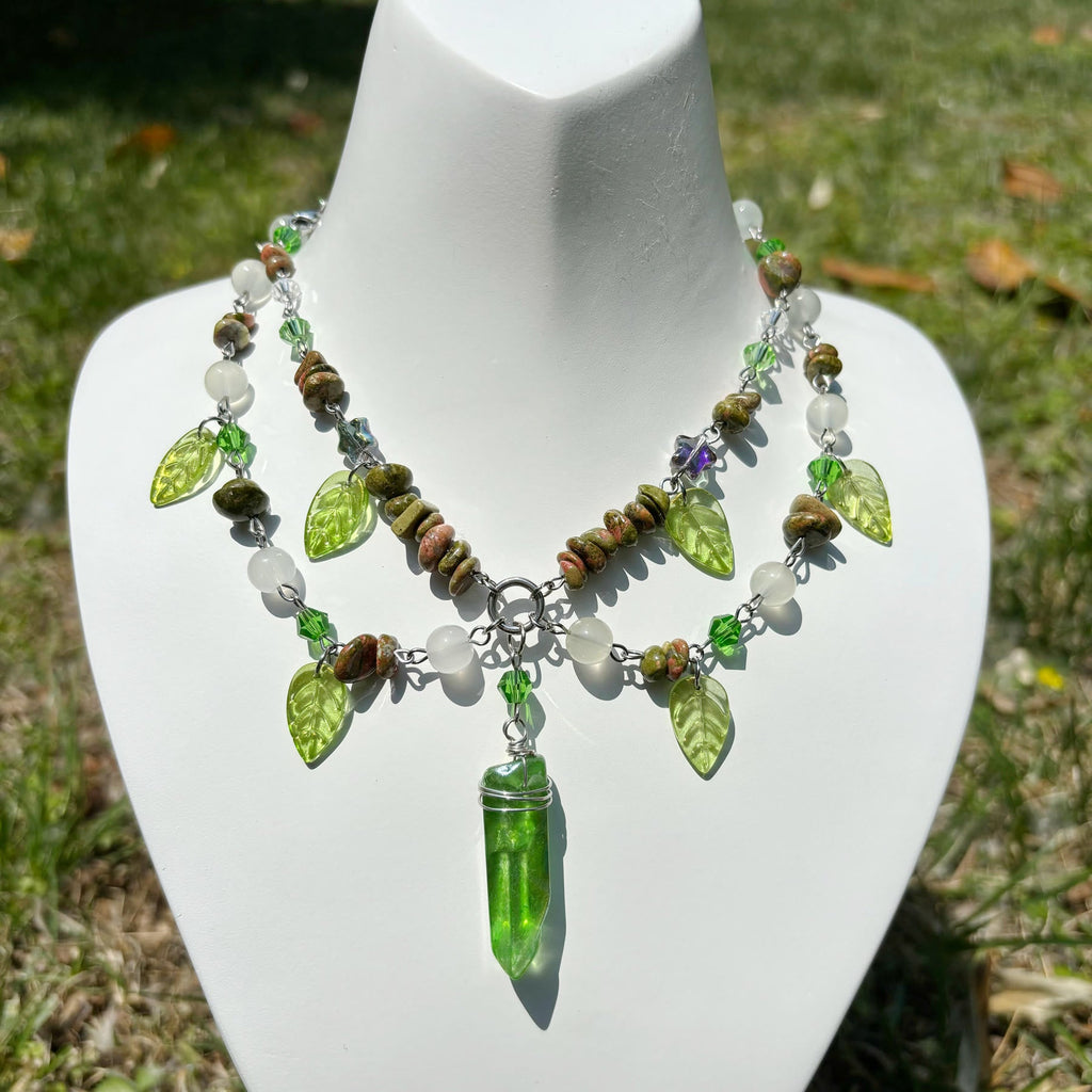 Olivenorma Leaf Clear Crystal Unakite Layered Choker Necklace