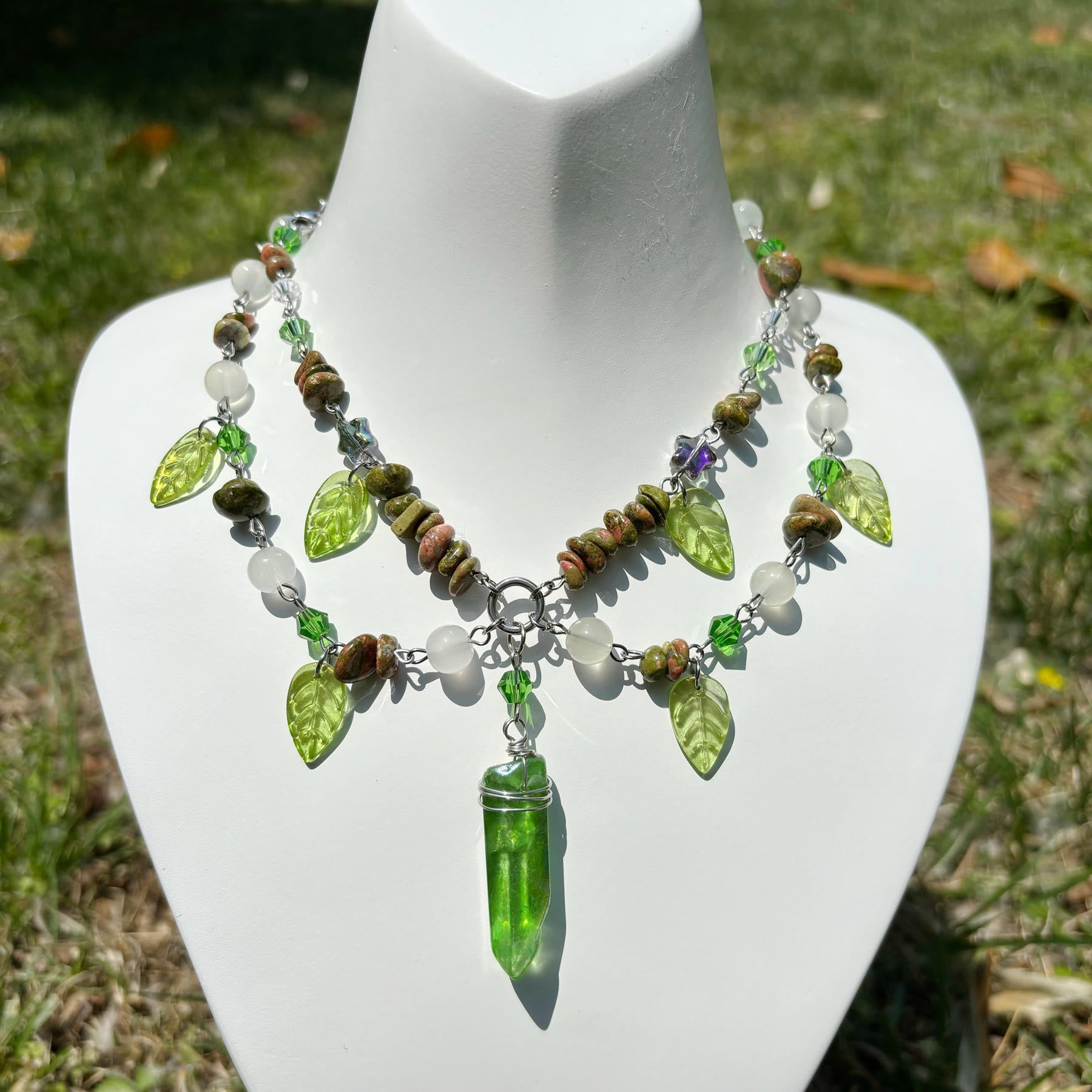 Olivenorma Leaf Clear Crystal Unakite Layered Choker Necklace