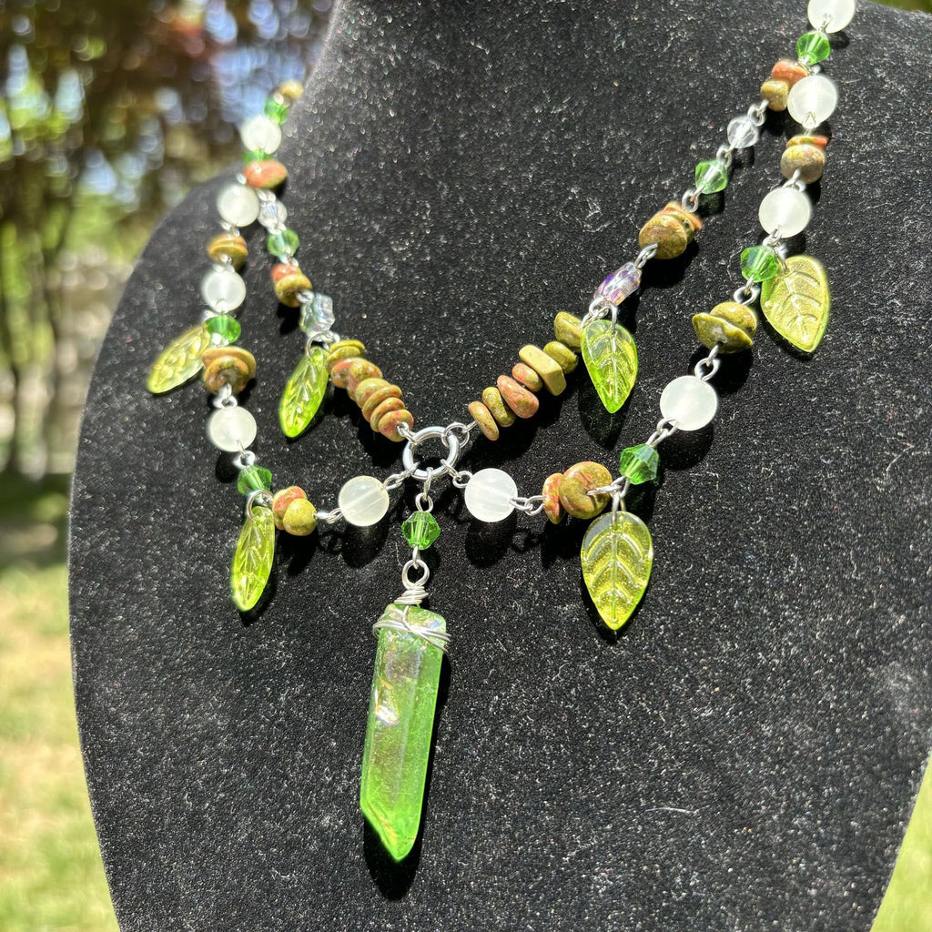 Olivenorma Leaf Clear Crystal Unakite Layered Choker Necklace