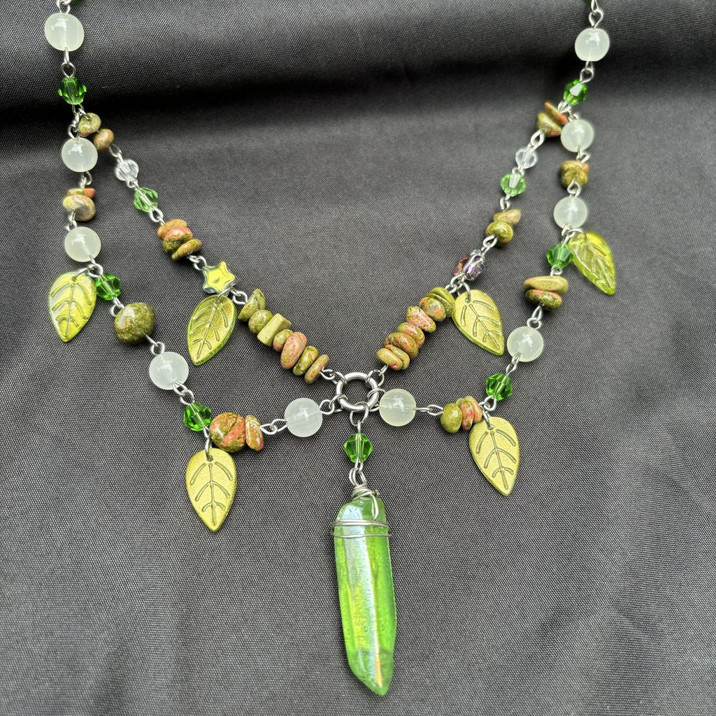 Olivenorma Leaf Clear Crystal Unakite Layered Choker Necklace
