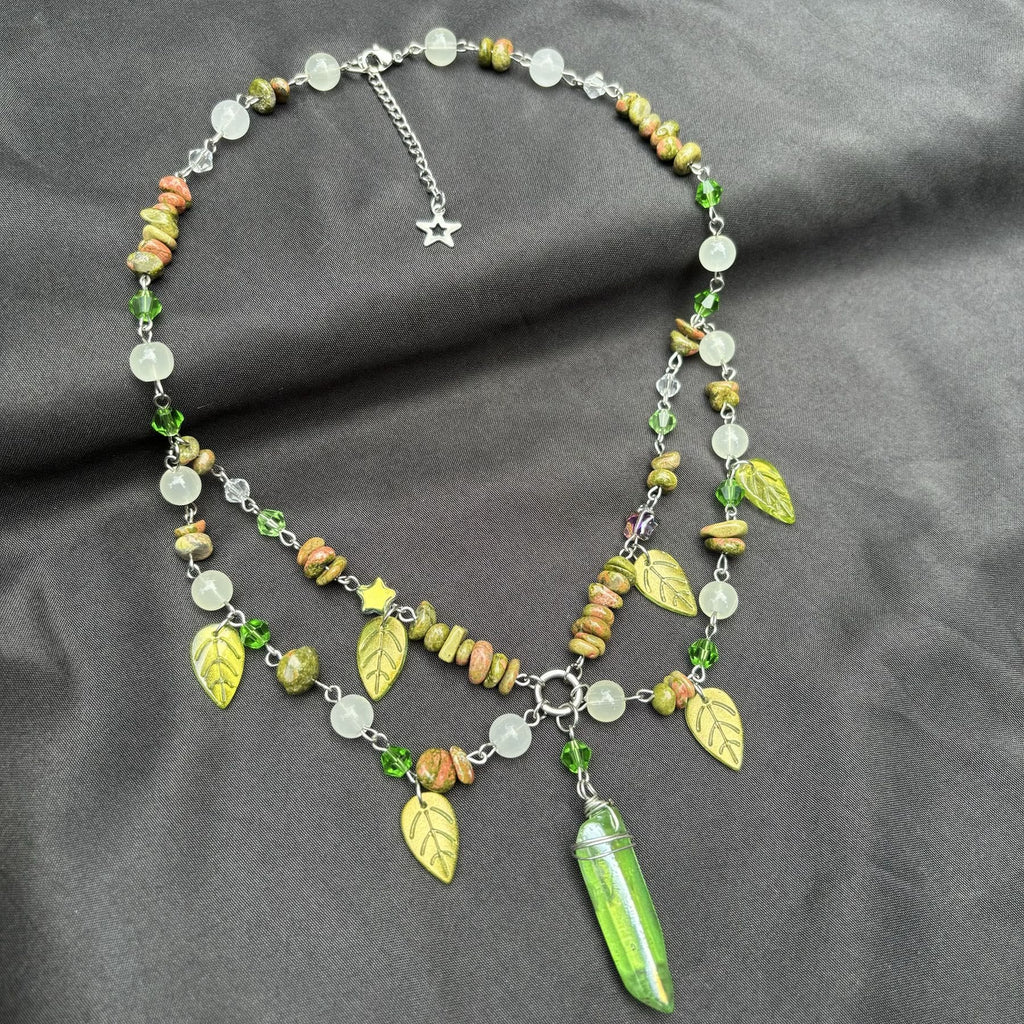 Olivenorma Leaf Clear Crystal Unakite Layered Choker Necklace