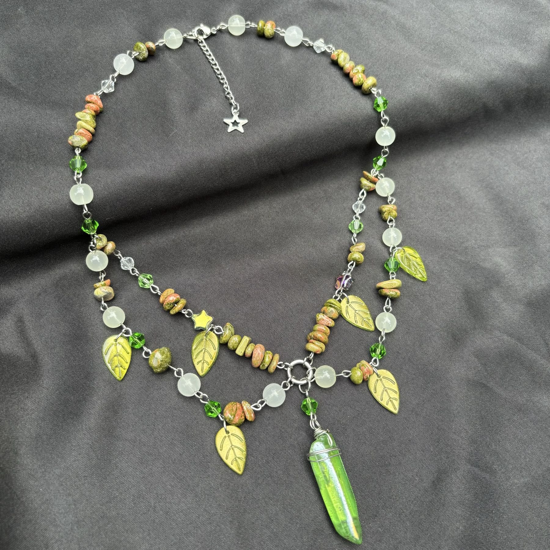 Olivenorma Leaf Clear Crystal Unakite Layered Choker Necklace