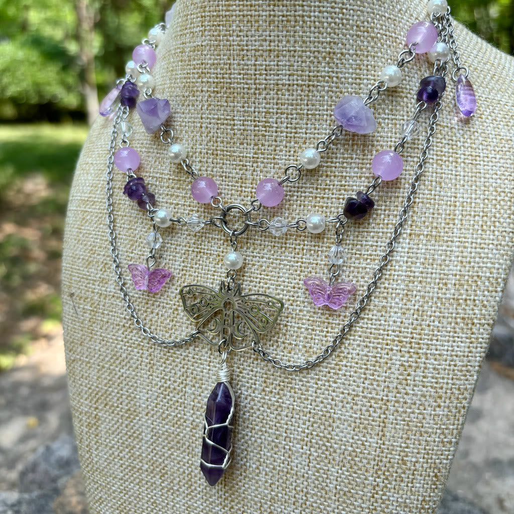 Olivenorma Butterfly Pendant Amethyst Layered Choker Necklace